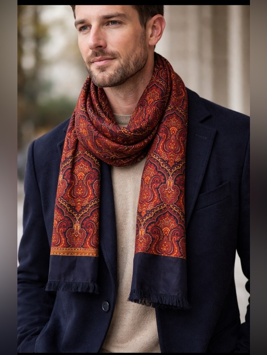 Other - Vintage Italian Paisley Wool and Silk Scarf Red Orange Gold With Navy Fringe Lux